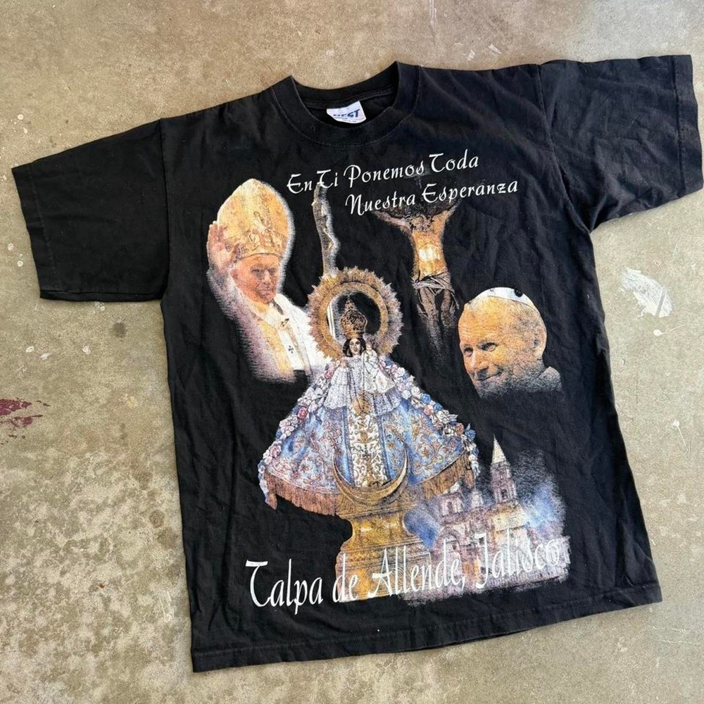 Black graphic tee with religious imagery featuring a central figure - Picture 2 of 2